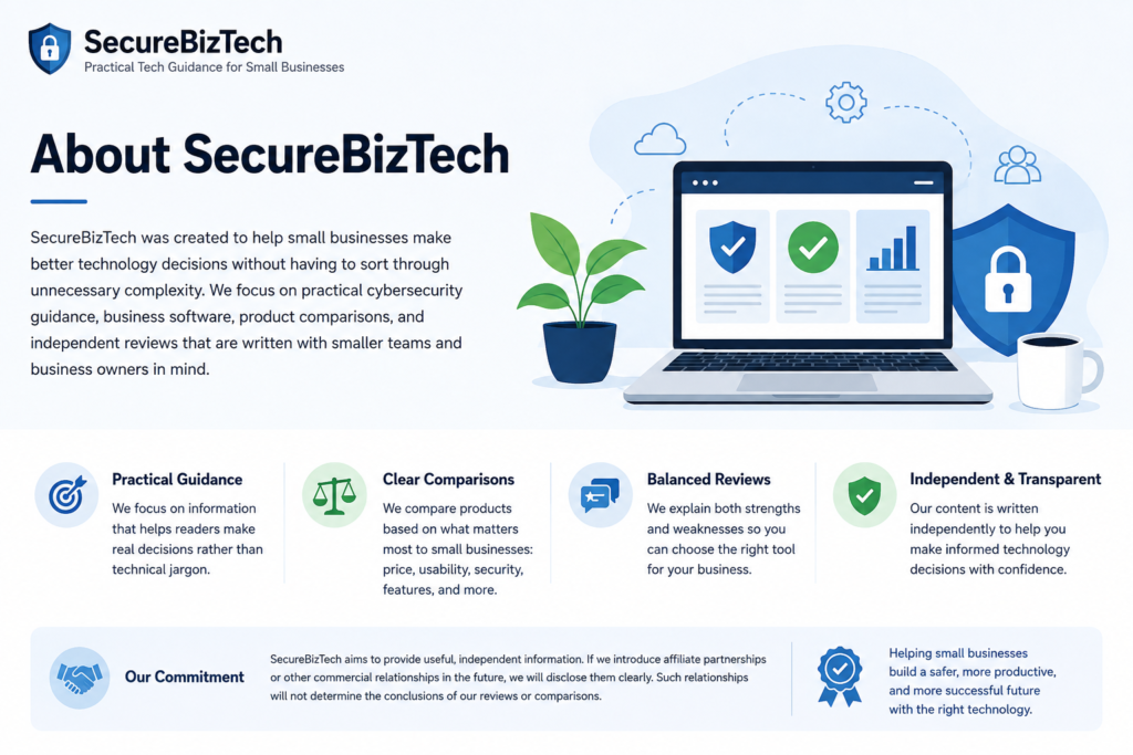 In the page titled about SecureBizTech we approach to helping small businesses with practical technology guidance, product comparisons, balanced reviews, and independent recommendations.