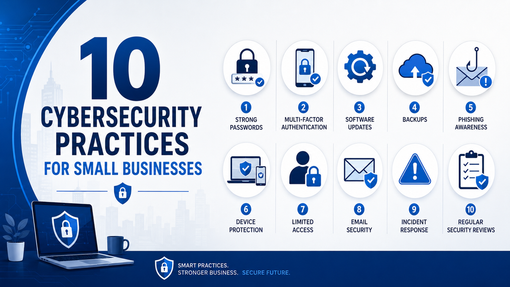 Small business cybersecurity practices infographic showing strong passwords, multi-factor authentication, software updates, backups, phishing awareness, device protection, access control, email security, incident response, and regular security reviews.