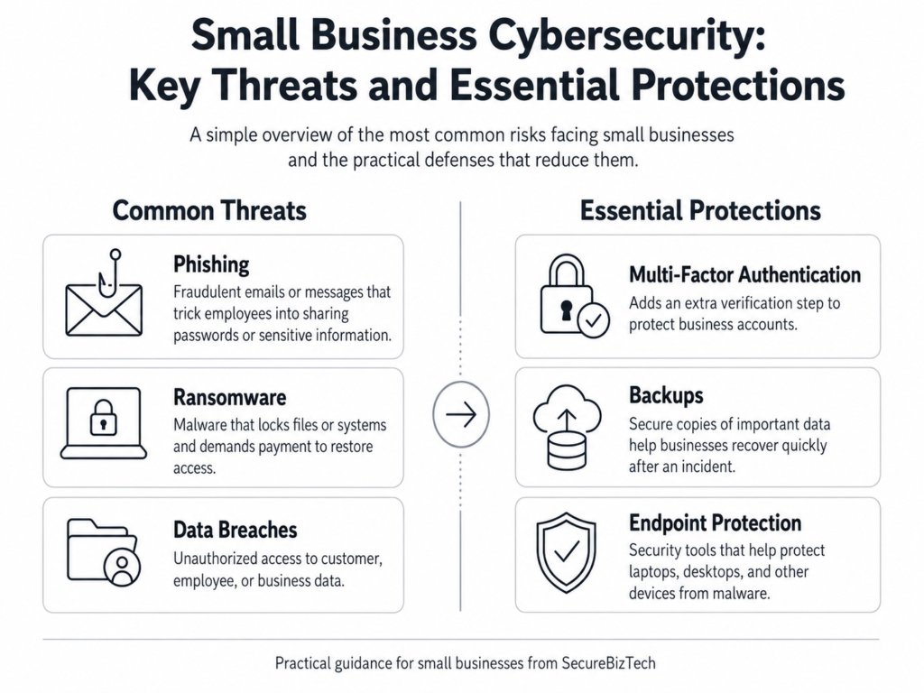 cybersecurity for small businesses including threats and protection measures including phishing, ransomware, backups, MFA, and endpoint security