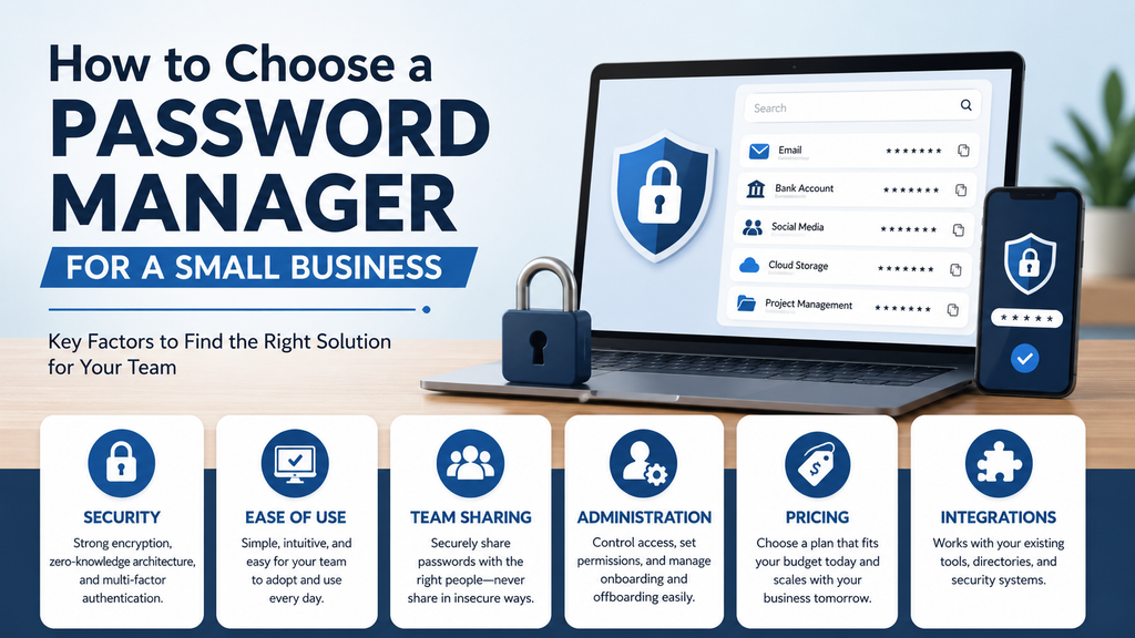 How to choose a password manager for a small business showing security, ease of use, team sharing, administration, pricing, and integrations.