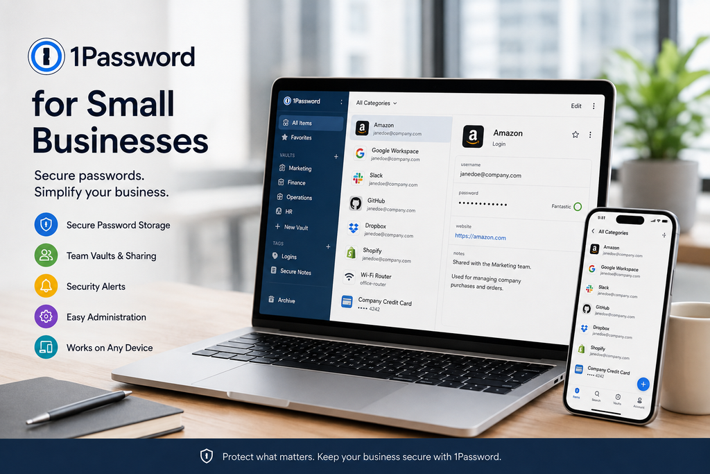 1Password review for small businesses showing secure password storage, team vaults, security alerts, administration, and cross-device access.