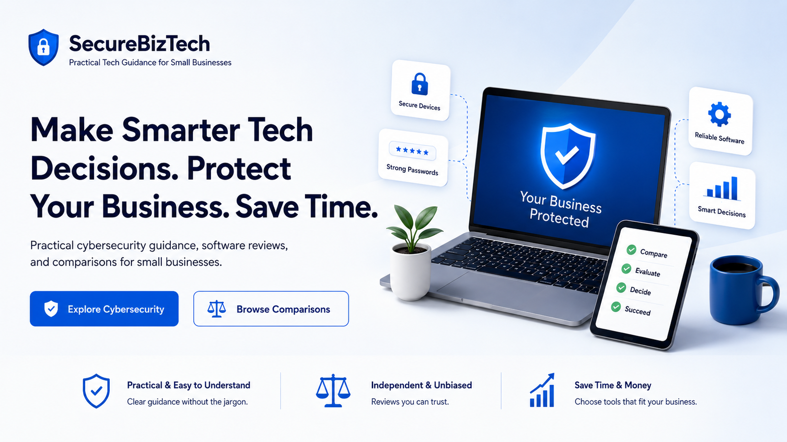 SecureBizTech homepage concept showing small business cybersecurity and software, technology comparisons, and reviews for small businesses.
