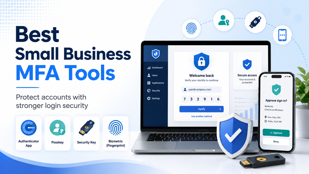 Small business MFA tools showing authenticator apps, passkeys, security keys, biometrics, and secure multi-factor authentication for business accounts.