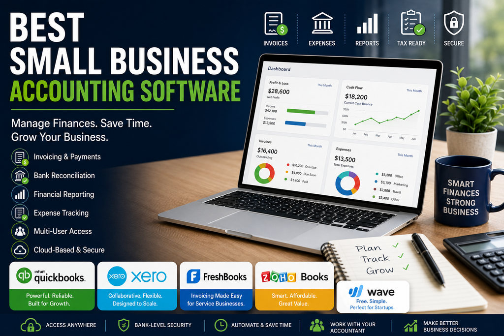 Best small business accounting software showing QuickBooks, Xero, FreshBooks, Zoho Books, and Wave with invoicing, expense tracking, reporting, and bank reconciliation features.