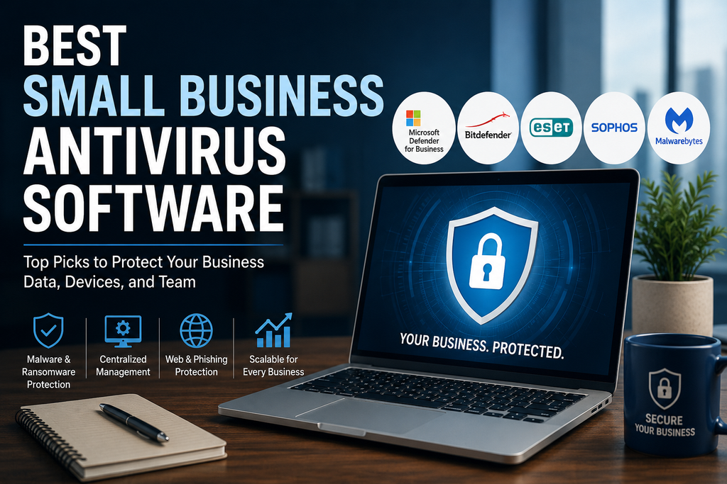 Best small business antivirus software showing Microsoft Defender, Bitdefender, ESET, Sophos, and Malwarebytes with malware, ransomware, phishing, and endpoint protection.