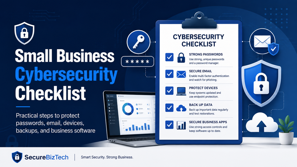 Small business cybersecurity checklist showing practical steps for passwords, email security, device protection, backups, and business software.