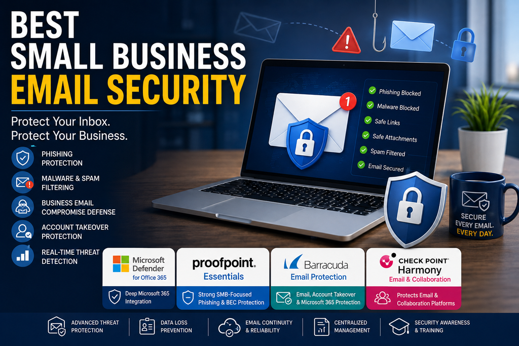 Best small business email security showing phishing protection, malware filtering, business email compromise defense, account takeover protection, and secure email tools.