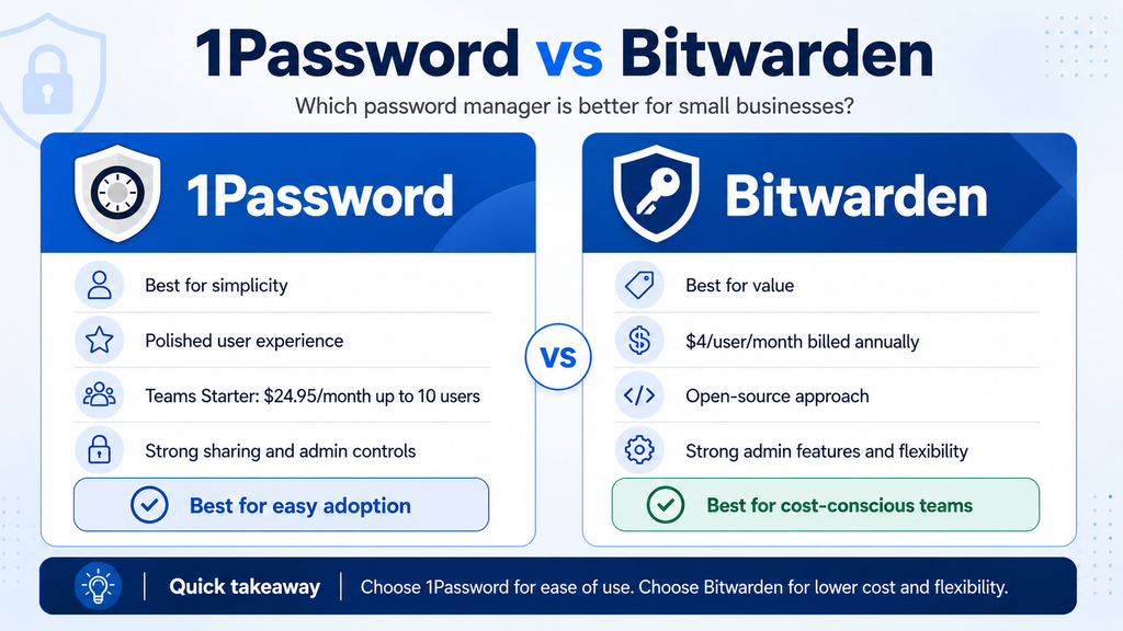 # 1Password vs Bitwarden for Small Businesses
Choosing between 1Password and Bitwarden is not simply a matter of deciding which password manager has the longest list of features. Both can help small businesses create stronger passwords, share credentials more safely, and manage access across a team. The differences become more important when you consider pricing, ease of use, administrative controls, integrations, and how much flexibility your business actually needs.
In this **1Password vs Bitwarden for small businesses** comparison, we look at the practical differences between the two services and where each one is likely to make the most sense.
## Quick Comparison
| Factor | 1Password | Bitwarden |
|---|---|---|
| Best for | Small teams prioritizing simplicity and ease of adoption | Cost-conscious and technically flexible teams |
| Entry business pricing | $24.95/month for up to 10 members, billed annually | $4/user/month, billed annually |
| Free trial | 14 days | Available |
| Secure team sharing | Yes | Yes |
| Administrative controls | Strong | Strong |
| Event/audit logs | Available depending on plan/features | Included with Teams |
| Directory/SCIM integration | Broader integrations on Business plan | Included with Teams |
| Open source | No | Yes |
| Self-hosting | No | Available with Enterprise |
| Strongest advantage | Polished user experience | Value and flexibility |
*Pricing and plan features can change. Always check the providers' current pricing and documentation before purchasing.*
## Pricing: Which Offers Better Value?
Pricing is one of the clearest differences between the two services.
### 1Password Pricing
1Password offers a **Teams Starter Pack** aimed at smaller organizations. It costs $24.95 per month when billed annually and includes up to 10 members. Additional seats can be added, while businesses needing more advanced identity integrations and administrative capabilities can move to the Business plan.
For a company with exactly 10 users, the Starter Pack works out to roughly $2.50 per user per month before considering additional seats. That can make it attractive for a small team that will use most or all of the included seats.
A very small business with only two or three employees, however, may find the fixed monthly price less appealing.
### Bitwarden Pricing
Bitwarden Teams costs $4 per user per month when billed annually. Because pricing is based on the number of users, a business pays according to the size of its team rather than purchasing a fixed package.
For example, a three-person company would pay substantially less than a 10-person company under the per-user model.
Bitwarden's Enterprise plan costs more but adds features aimed at organizations requiring greater control, including granular access management, passwordless SSO integration, account recovery, and self-hosting.
### Pricing Verdict
For very small teams, **Bitwarden can be the less expensive option** because its pricing scales per user.
For teams approaching 10 members, **1Password's Teams Starter Pack becomes more competitive**, particularly if the business values its interface and ease of adoption.
Price alone should not determine the decision, but Bitwarden has the advantage for businesses where keeping software costs low is a major priority.
## Ease of Use
Password managers only improve security when employees actually use them.
### 1Password
Ease of use is one of 1Password's strongest qualities. Its applications are polished, navigation is generally straightforward, and common tasks such as saving passwords, generating credentials, accessing shared vaults, and using browser extensions are designed to require relatively little technical knowledge.
That can matter significantly for a small business without a dedicated IT department. If employees find a security tool confusing, they may return to insecure habits such as storing passwords in documents or reusing credentials.
1Password's approach makes it particularly attractive for teams where simplicity and employee adoption are major priorities.
### Bitwarden
Bitwarden is also straightforward to use, but its interface has historically emphasized function and flexibility more than visual polish.
For technically comfortable users, that is unlikely to be a problem. Administrators may actually appreciate the amount of control available.
For employees who are less comfortable with technology, however, 1Password may require slightly less explanation during onboarding.
### Ease-of-Use Verdict
**1Password has the advantage for ease of use and overall polish.**
Bitwarden remains perfectly usable, but 1Password is likely to be the easier option for teams where employee adoption is a concern.
## Security
Both products are built around protecting credentials, and either can represent a major improvement over password reuse, spreadsheets, or sending passwords through messaging applications.
### 1Password Security
1Password uses encrypted vaults for storing passwords and other sensitive information. Business features include role-based access, shared vault permissions, security alerts, and tools for monitoring password-related risks.
Its business controls also allow organizations to apply policies and restrict access according to employee responsibilities.
For small businesses, one of the practical benefits is being able to separate personal credentials from credentials shared across teams or departments.
### Bitwarden Security
Bitwarden also uses end-to-end encryption and provides organizations with centralized ownership and management of business credentials.
The Teams plan includes secure credential sharing and event logs, giving administrators visibility into account activity. Bitwarden also provides additional controls at the Enterprise level.
Another point that distinguishes Bitwarden is its **open-source approach**, which may appeal to organizations that value transparency and the ability for security researchers to examine its software.
### Security Verdict
For most small businesses, **both provide strong security capabilities** when configured and used properly.
I would not choose between them based solely on a claim that one is simply "more secure." The more meaningful differences are likely to be administration, usability, deployment requirements, and the specific features your business needs.
## Team Sharing and Administration
A business password manager should make it possible to share credentials without giving everyone unrestricted access.
### 1Password
1Password organizes shared information through vaults and permissions.
For example, a company could create separate vaults for:
- Management
- Finance
- Marketing
- Website administration
- Shared business services
Employees can then receive access according to their responsibilities.
Role-based permissions also help administrators control who can manage important settings and shared information.
### Bitwarden
Bitwarden uses organizations and collections to manage shared credentials.
Its Teams plan includes centralized management, event logs, directory synchronization, and SCIM provisioning. These capabilities can be particularly useful as the number of employees grows and manual account administration becomes less practical.
### Administration Verdict
Both products offer good team-management capabilities.
**1Password may feel easier for smaller, less technical teams**, while **Bitwarden offers particularly strong administrative value at its Teams price point**.
## Integrations and Identity Management
Integrations become increasingly important as a business grows.
### 1Password
The Teams Starter Pack provides the core tools a smaller team is likely to need, while the Business tier expands integration capabilities.
1Password Business supports integrations with identity providers such as Microsoft Entra ID, Okta, OneLogin, and Duo, along with additional business controls.
For companies already using a centralized identity platform, these integrations can simplify employee access management.
### Bitwarden
Bitwarden Teams includes directory synchronization and SCIM provisioning.
The Enterprise tier adds capabilities such as passwordless SSO integration and additional access controls.
Bitwarden also offers self-hosting at the Enterprise level, which can be valuable to organizations with specific infrastructure or data-control requirements.
### Integration Verdict
For a typical small business using standard cloud applications, either product is likely to provide enough integration capability.
Organizations with more advanced requirements should compare the exact identity provider, SSO, directory, and provisioning features available on the plan they intend to purchase.
## 1Password Pros and Cons
### What We Like
- Polished and approachable interface
- Strong shared-vault system
- Role-based permissions
- Useful security alerts
- Teams Starter Pack specifically designed for smaller teams
- Good onboarding experience
- Broad business integrations on higher plans
### Potential Drawbacks
- Fixed Starter Pack price may be less economical for teams with only a few employees
- Some advanced business capabilities require the more expensive Business plan
- No self-hosting option
- Businesses focused primarily on low cost may find Bitwarden more attractive
## Bitwarden Pros and Cons
### What We Like
- Competitive per-user pricing
- Open-source approach
- Secure credential sharing
- Event and audit logs
- Directory synchronization
- SCIM provisioning included with Teams
- Strong administrative capabilities for the price
- Self-hosting available at the Enterprise level
### Potential Drawbacks
- Interface may feel less polished to some users
- Certain advanced controls require Enterprise
- Less technical employees may require slightly more guidance during adoption
## Which Is Better for a Very Small Business?
For a business with only a few employees, **Bitwarden is particularly attractive from a pricing perspective**.
Because Teams pricing is calculated per user, a three-person or four-person business does not have to pay for unused seats.
It can therefore be an excellent starting point for a small company that wants proper credential management while keeping recurring software costs under control.
However, if those employees are not particularly technical and ease of adoption is more important than minimizing cost, 1Password may still justify the additional expense.
## Which Is Better for a Team of Around 10 People?
The calculation changes as the team approaches 10 members.
1Password's Teams Starter Pack includes up to 10 users for a fixed $24.95 monthly price when billed annually. At that team size, the effective per-user cost becomes highly competitive.
For a 10-person business, 1Password therefore provides an attractive combination of pricing, usability, sharing, and administrative features.
Bitwarden remains a strong alternative, particularly for organizations that value its open-source model or administrative flexibility.
## Which Is Better for Growing Businesses?
Growth changes what a company needs from a password manager.
A business that expects to add employees should consider:
- How new users are provisioned
- How departing employees are removed
- Whether directory synchronization is required
- Whether SSO will eventually be needed
- How permissions are managed
- How activity can be audited
- How pricing changes as the team grows
Bitwarden offers a strong path for businesses that prioritize administrative flexibility and transparent per-user pricing.
1Password Business becomes particularly attractive for companies that want broader identity-provider integrations while maintaining the familiar 1Password user experience.
## 1Password vs Bitwarden: Our Verdict
There is no universal winner because the better choice depends on what your business values most.
### Choose 1Password if:
- You want a polished, easy-to-use interface
- Employee adoption is a major concern
- Your team is close to 10 users
- You prefer a straightforward shared-vault experience
- You are willing to pay somewhat more for usability and convenience
### Choose Bitwarden if:
- Keeping costs low is important
- Your team is very small
- You value an open-source approach
- You want strong administrative features at a competitive price
- You may eventually want advanced deployment flexibility
For many small businesses, **1Password is the easier product to introduce to employees**, while **Bitwarden offers the stronger value proposition**.
Neither choice eliminates the need for good security practices. Businesses should still enable multi-factor authentication, limit access to sensitive information, remove former employees promptly, and train staff to recognize phishing attempts.
## Before You Choose
Start by considering how many employees will actually use the password manager and which administrative features your business genuinely needs.
A small team may care most about simple credential sharing and ease of use. A growing company may place greater importance on directory integration, provisioning, access policies, and audit capabilities.
Both 1Password and Bitwarden offer trial options, so testing each product with a few employees before making a long-term commitment can be more useful than choosing solely from a feature list.
For broader security guidance, visit our **Cybersecurity** section.
For more password-manager options, see our **Best Password Managers for Small Businesses** guide.
You can also browse our **Reviews** and **Comparisons** sections for more product research.
*Pricing and product features referenced in this comparison were checked against official provider information. Software plans and features can change, so confirm current details directly with 1Password and Bitwarden before purchasing.