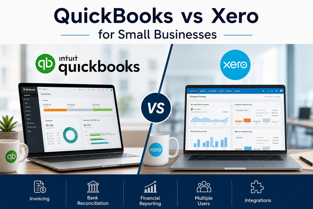 QuickBooks vs Xero for small businesses comparison showing invoicing, bank reconciliation, financial reporting, multiple users, and integrations.