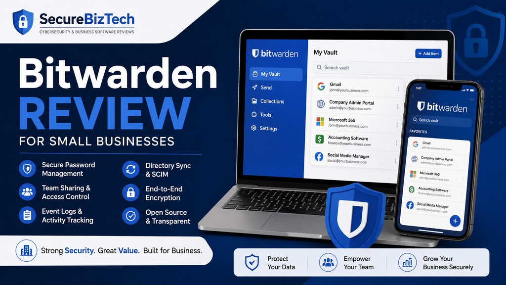 Bitwarden review for small businesses highlighting secure password management, team sharing, encryption, access control, and business security features.
