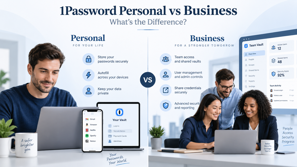 `1Password Personal vs Business comparison showing individual password management and team security features