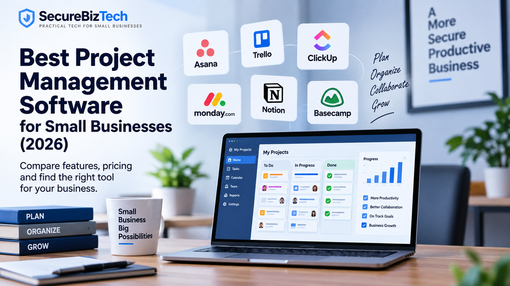 Best project management software for small businesses featuring Asana, Trello, ClickUp, monday.com, Notion, and Basecamp