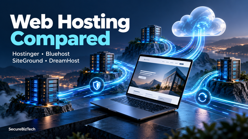 Four server clusters connected by glowing blue data paths to a laptop and cloud, illustrating a web hosting comparison for small businesses.